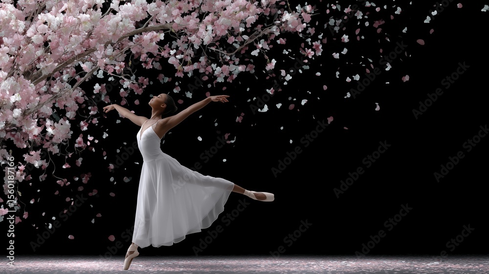 Naklejka premium Ballet dancer silhouette merged cherry blossoms in motion freeze technique. AI generated