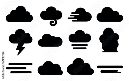 Weather silhouette icon set. cloud, storm, rain, and sunshine symbols in silhouette style