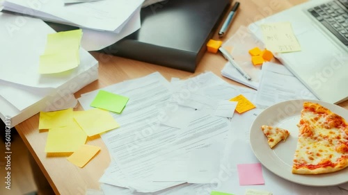 Leftover pizza slices sit on a plate on a messy desk full of paperwork, sticky notes, and a laptop, suggesting a busy office worker grabbing a quick lunch during a hectic workday