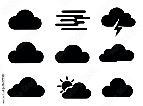 Weather silhouette icon set. cloud, storm, sun, rain, fog simple silhouette collection