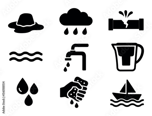 Water conservation solid icon set. droplet, pipe, faucet, wave, cloud, sponge icons