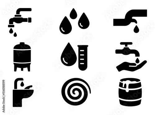 Water conservation solid icon set. tap, drop, save water icons in solid style