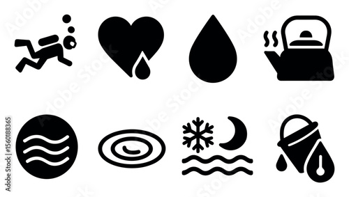 Water activities silhouette icon set: swimming, diving, and aquatic symbols collection