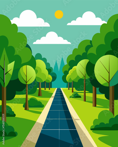 A serene park its peaceful paths shaded by towering trees and green walls adorned with solar panels providing both beauty and sustainability.. Vector illustration