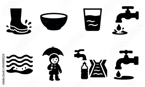 Water, environment solid icon set. conservation, hydration icons solid collection