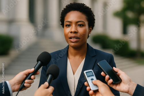Confident Female Politician Giving Press Statement Outside Court Building