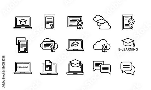 E-Learning and Certificate Icons – Online Education and Cloud Certification Line Art Set