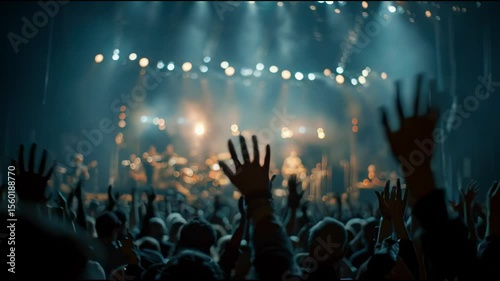 Excited concert crowd raises their hands to enjoy the music and lights.