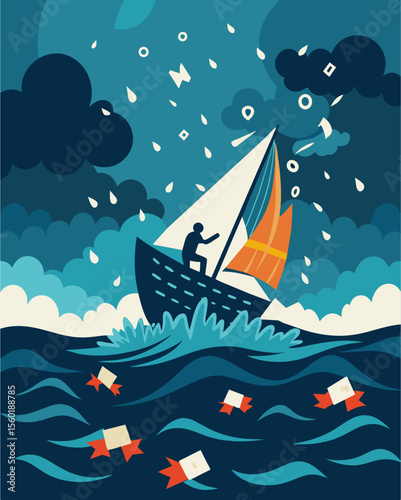 A ship sinking in stormy seas symbolic of a person drowning in a sea of negative words and thoughts.. Vector illustration
