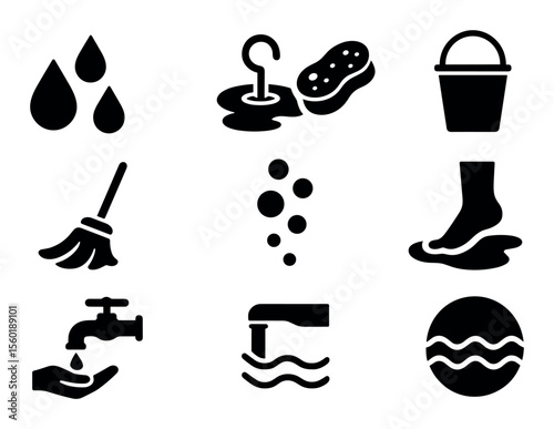 Cleaning and hygiene solid icon set. essential washing and sanitation symbols