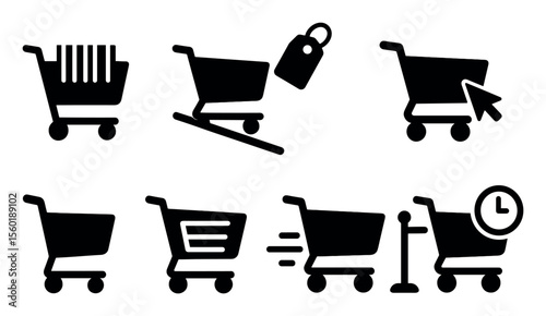 Shopping and retail solid icon set. carts, tags, and more for commerce visuals