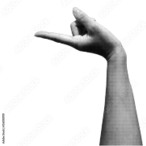 Human hand in dotted halftone pop art style pointing on the left. Halftone woman hand isolated on transparent background. Collage element for posters, banner, mixed media design