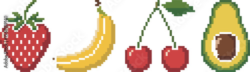 Pixel art fruits strawberry banana cherries avocado retro gaming food pixelated healthy eating diet art