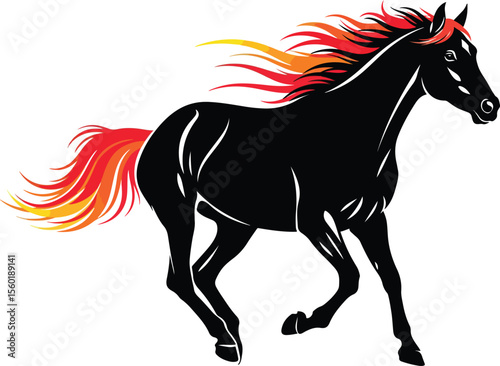 Elegant galloping horse vector illustration with colorful flowing mane and tail. The body is solid black silhouette,