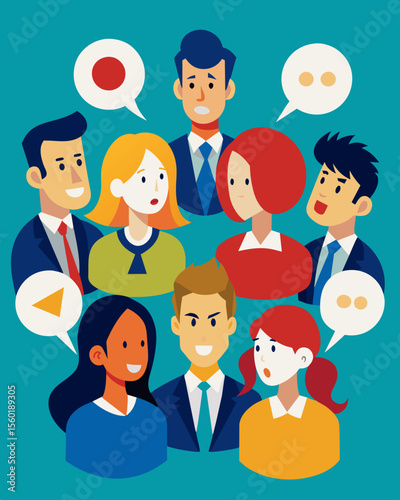 A series of speech bubbles floating around a group spewing hurtful gossip and spreading rumors.. Vector illustration