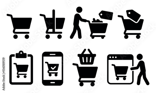 Shopping and e-commerce silhouette icon set. cart, bag, retail icons collection