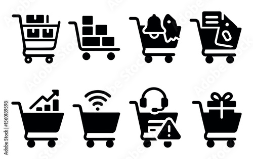 Shopping cart filled icon set. e-commerce, retail, online shopping symbols filled collection