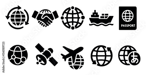 Global connectivity solid icon set: network, transport, earth, globe symbols collection