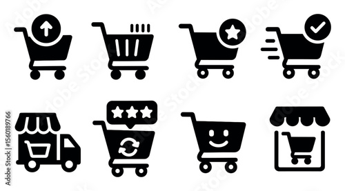 Shopping cart solid icon set. e-commerce, online store essentials in solid style