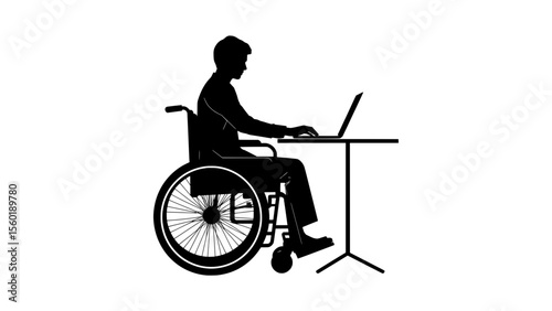Man in wheelchair working on laptop at desk indoors  