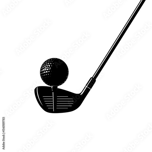Golf club and ball in black silhouette design on transparent background  