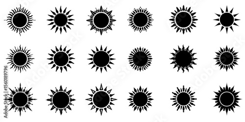 Set of black sun in various designs and sizes  on transparent background  