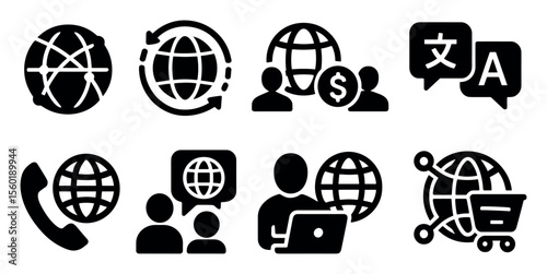 Global communication solid icon set. internet, networking icons solid collection