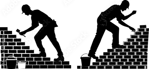 Masons Laying Bricks on Construction Site Silhouettes