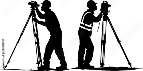 Professional Surveyors with Total Station Silhouettes