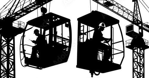 Crane Operator Silhouettes in Control Cabin