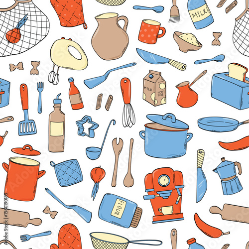 Kitchen utensils, kitchenware doodles seamless pattern for wallpapers, backgrounds, banners, textile prints, towels, napkins, wrapping paper, etc. EPS 10