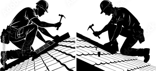 Skilled Roofers Installing Shingles Silhouette
