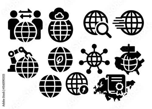 Global communication silhouette icon set. connectivity, network, technology symbols