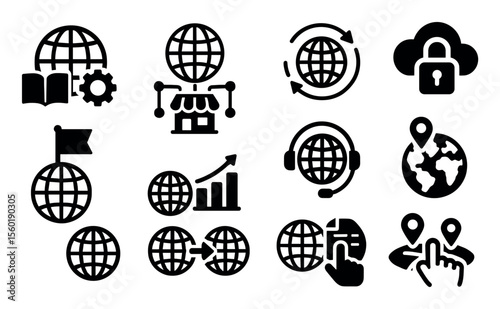 Global business solid icon set. international, commerce, communication, security symbols