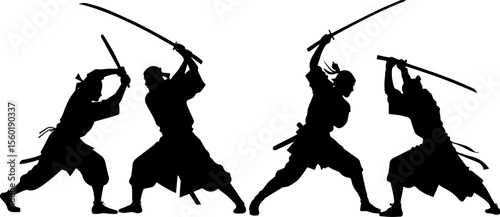 Samurai Sword Fighters in Combat Silhouettes