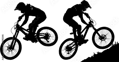 Mountain Bikers Downhill Action Silhouettes