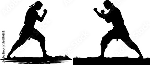Martial Arts Fighters in Combat Stance Silhouettes