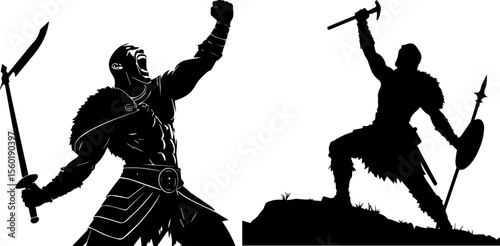 Fantasy Warriors in Battle Poses Silhouettes