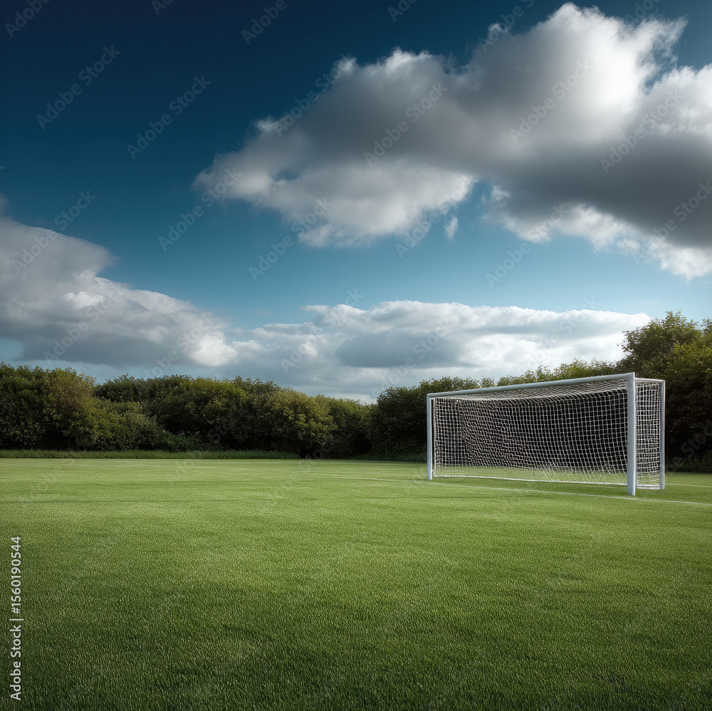Fototapeta premium Green grass soccer field with white goal post under blue sky and clouds, peaceful outdoor sports scene, natural landscape