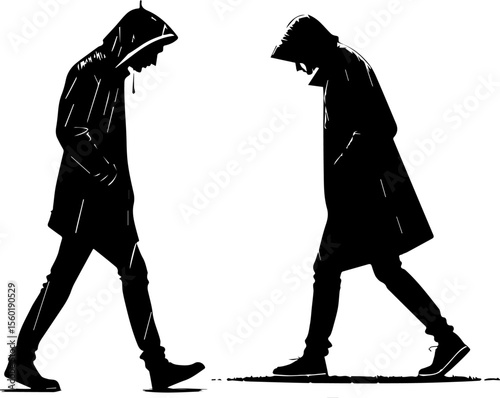 People Walking in Hooded Raincoats Silhouettes