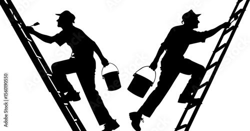 Painters Climbing Ladders with Paint Bucket Silhouettes
