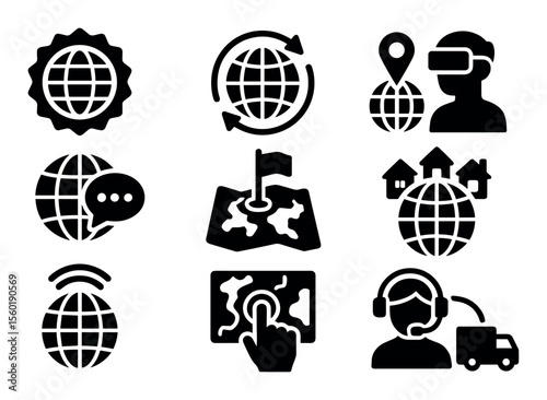 Global communication solid icon set. worldwide, connectivity, interaction, logistics icons