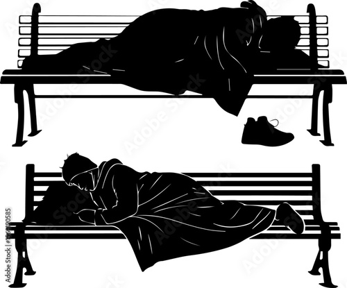 Homeless People Sleeping on Park Benches Silhouettes