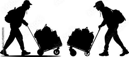 People Pulling Overloaded Carts Silhouettes