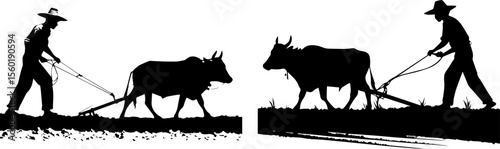 Traditional Farmer Plowing Field with Ox Silhouettes
