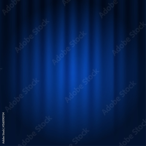 Spotlight on stage curtain. Closed blue curtain background. Theatrical drapes. 