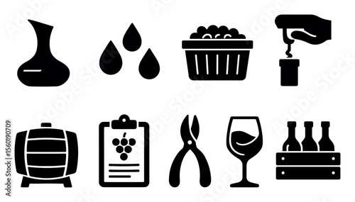 Wine and vineyard solid icon set. essential winemaking and vineyard symbols