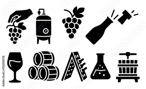 Wine and vineyard silhouette icon set. grapes, barrel, bottle, flask, laboratory icons