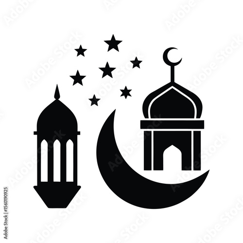 Islamic Mosque, Crescent Moon, Stars, and Lantern Ramadan Kareem Symbol.Islamic mosque crescent moon icons, ramadan kareem symbols, muslim religious design, eid mubarak decoration design.