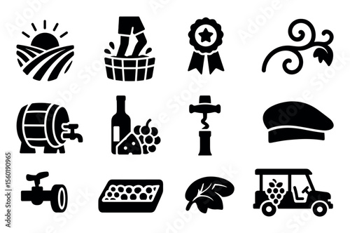 Agriculture and winery solid icon set. farming, vineyard harvest symbols